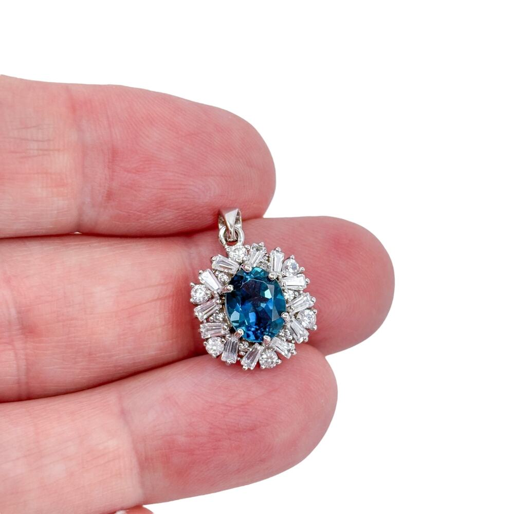 Vintage Sterling Silver 925 Blue Cubic Zirconia Baguette Frame Pendant